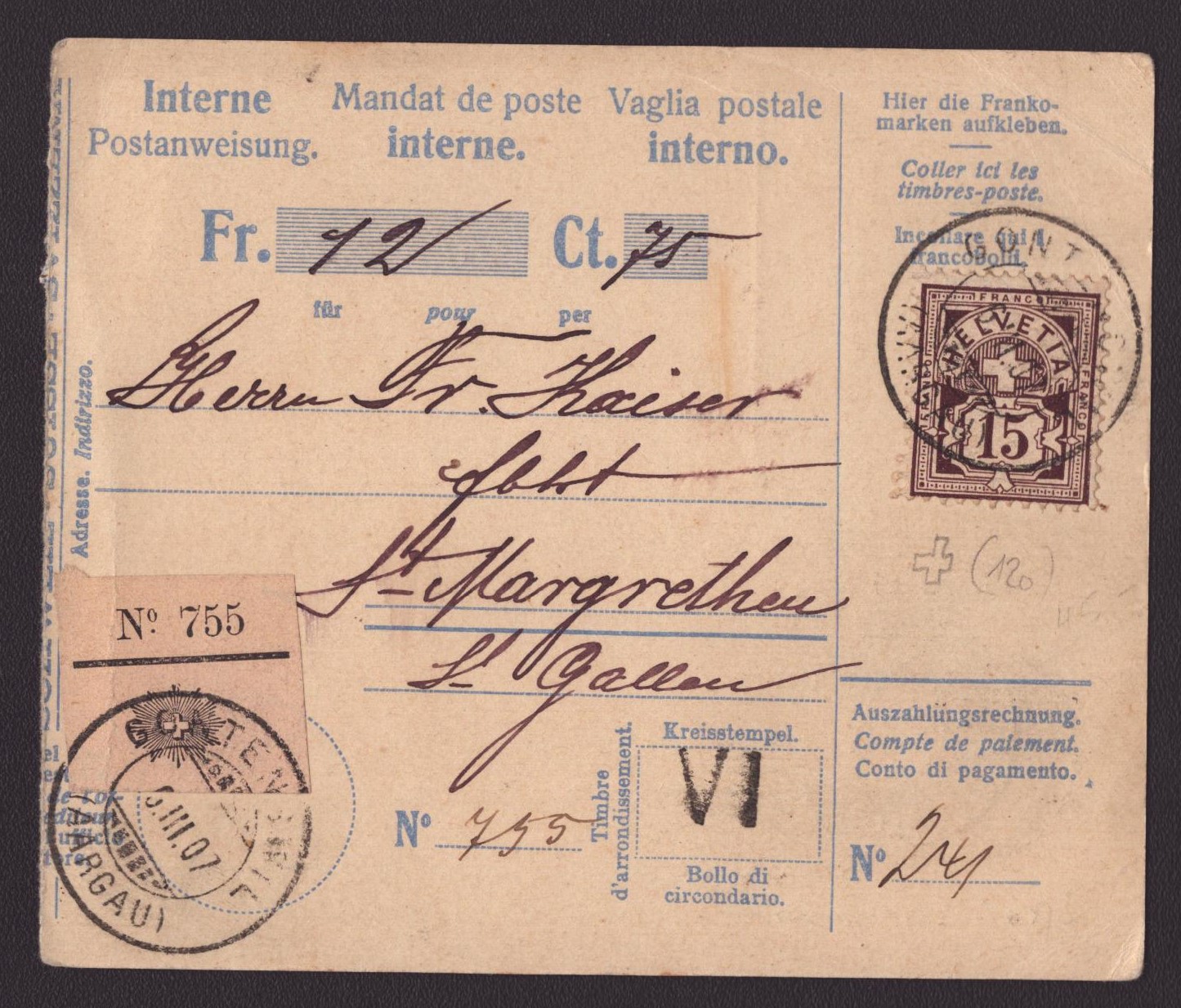Nr 85 sur mandat de poste (120.-)