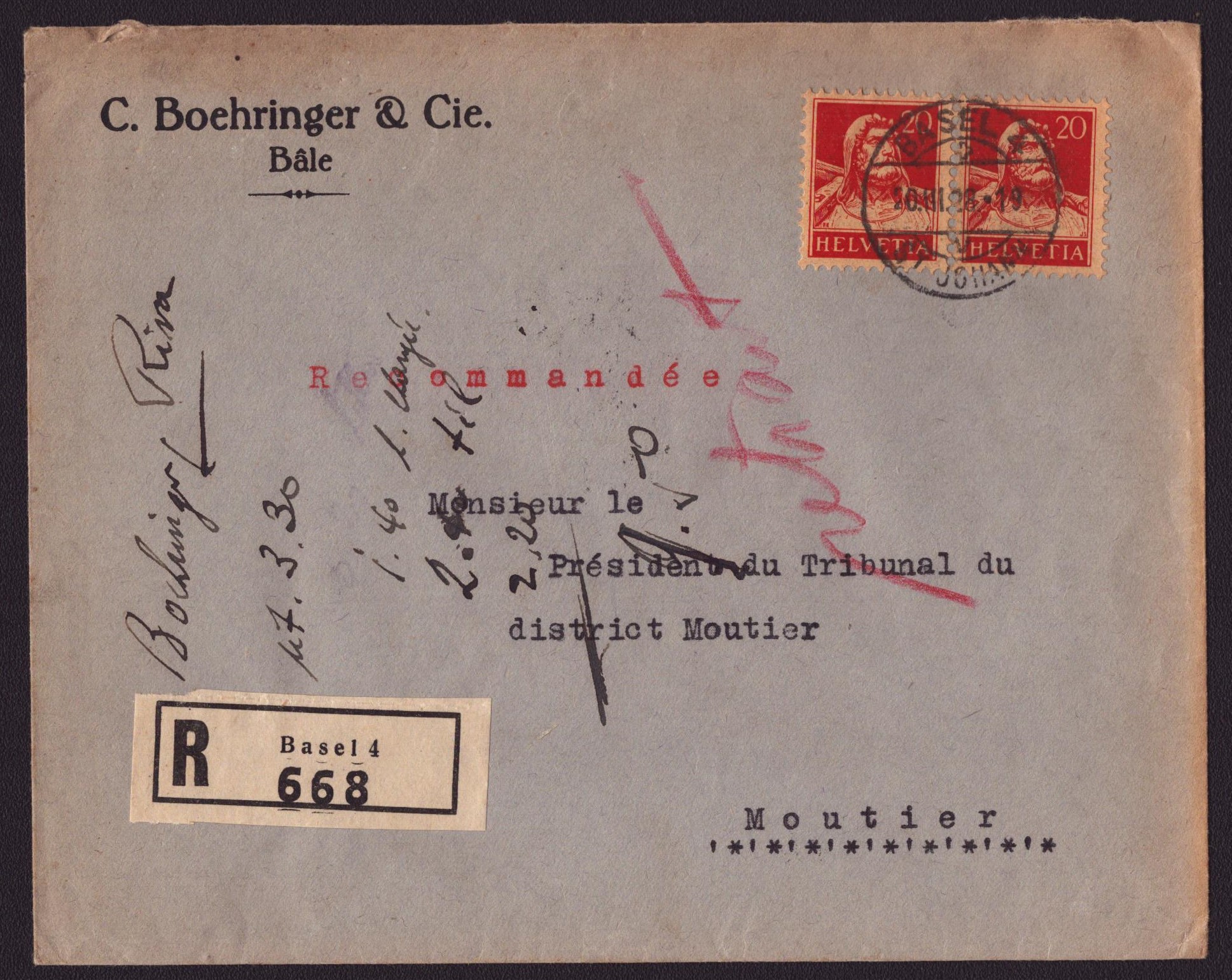 Nr 174 sur enveloppe R oblitération Basel 20.III.28