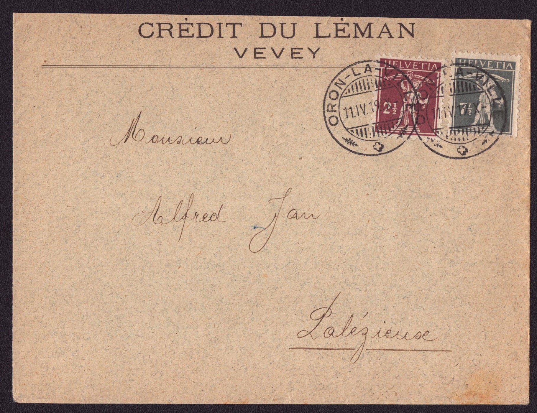 Nr 136 + 138II Sur enveloppe ORON-LA-VILLE 11.IV.19