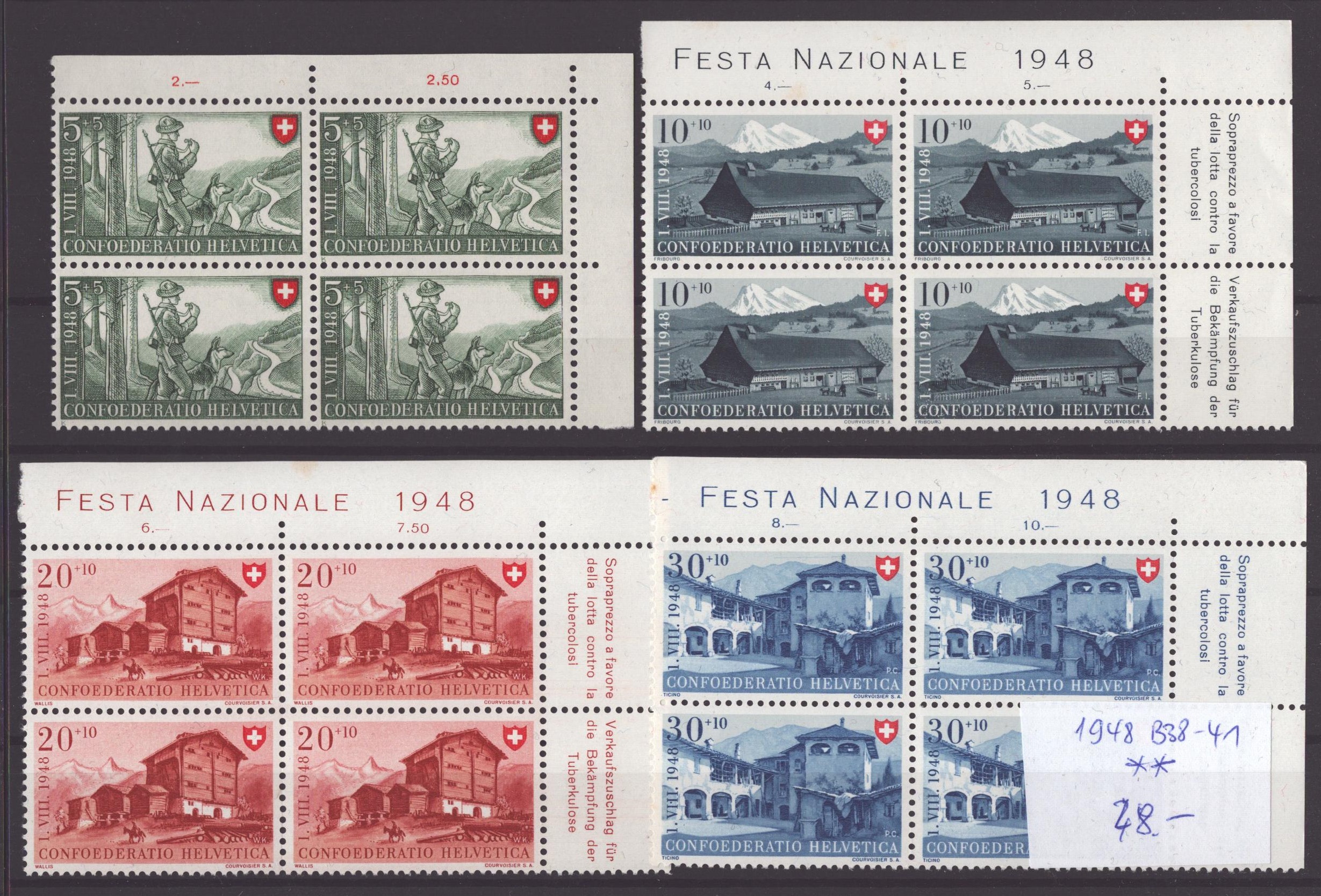 1948 Pro Patrie bloc de 4 neuf ** B38 - 41