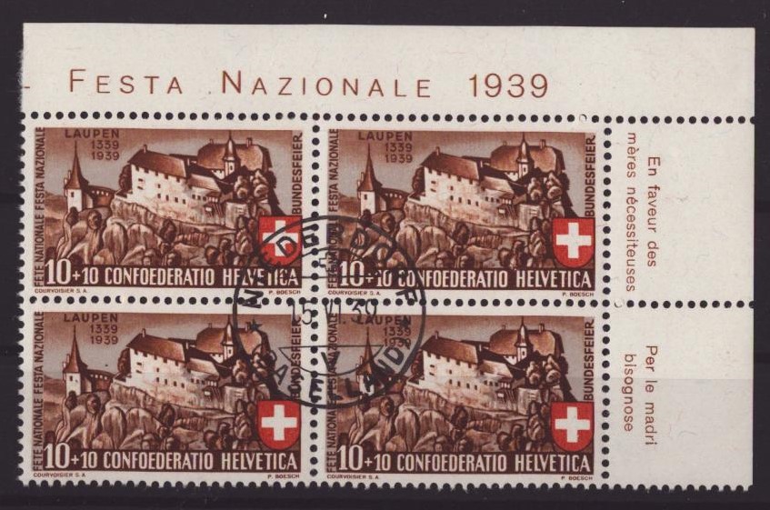 1939 Pro Patria bloc de 4 oblit ET premier jour (SBK 75.-)