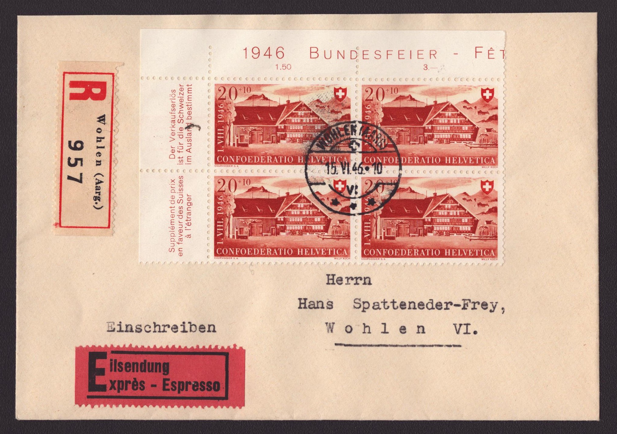 1946 B32 Bloc de 4 sur enveloppe