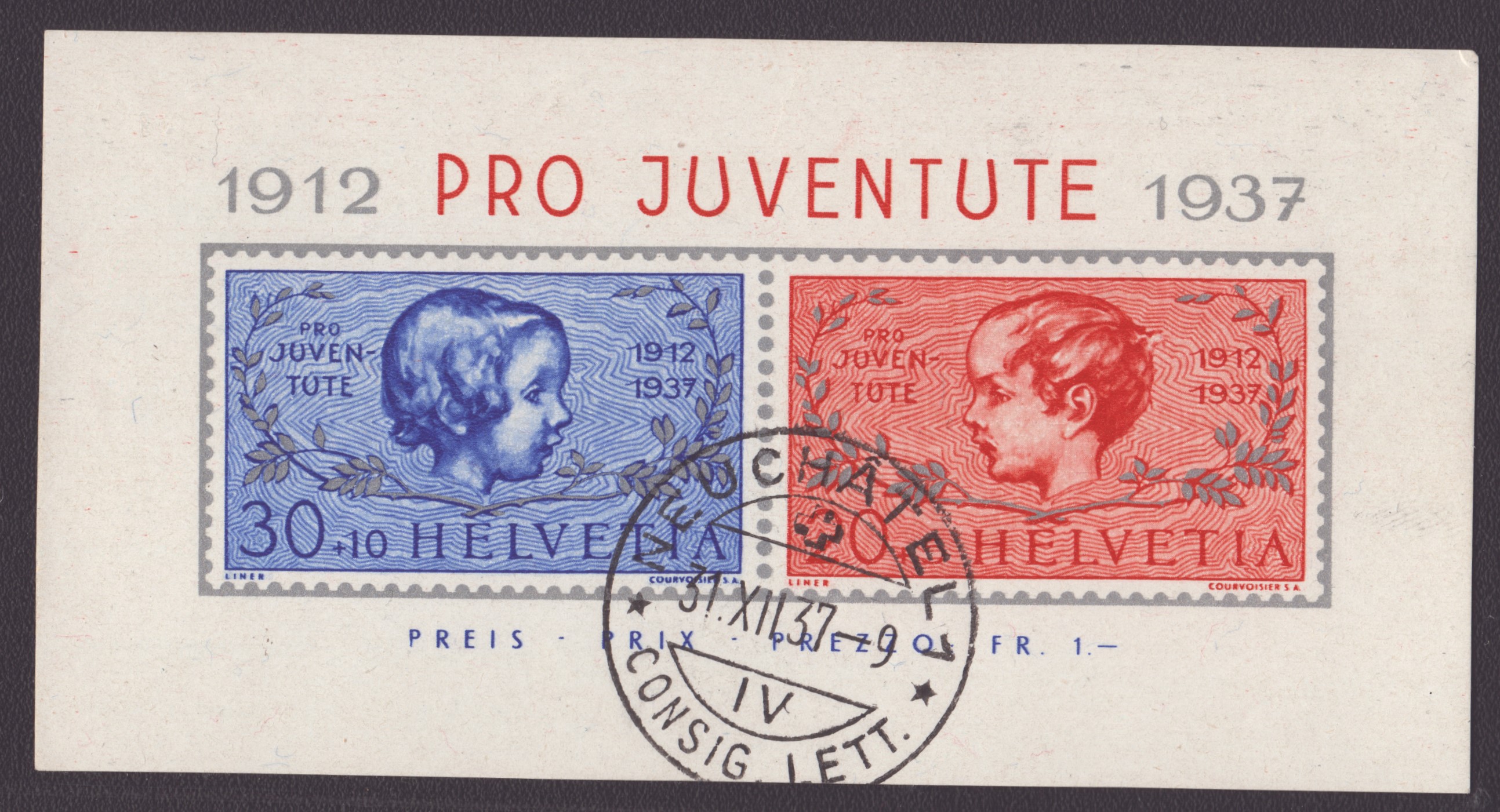 1937 Pro Juventute bloc oblitéré