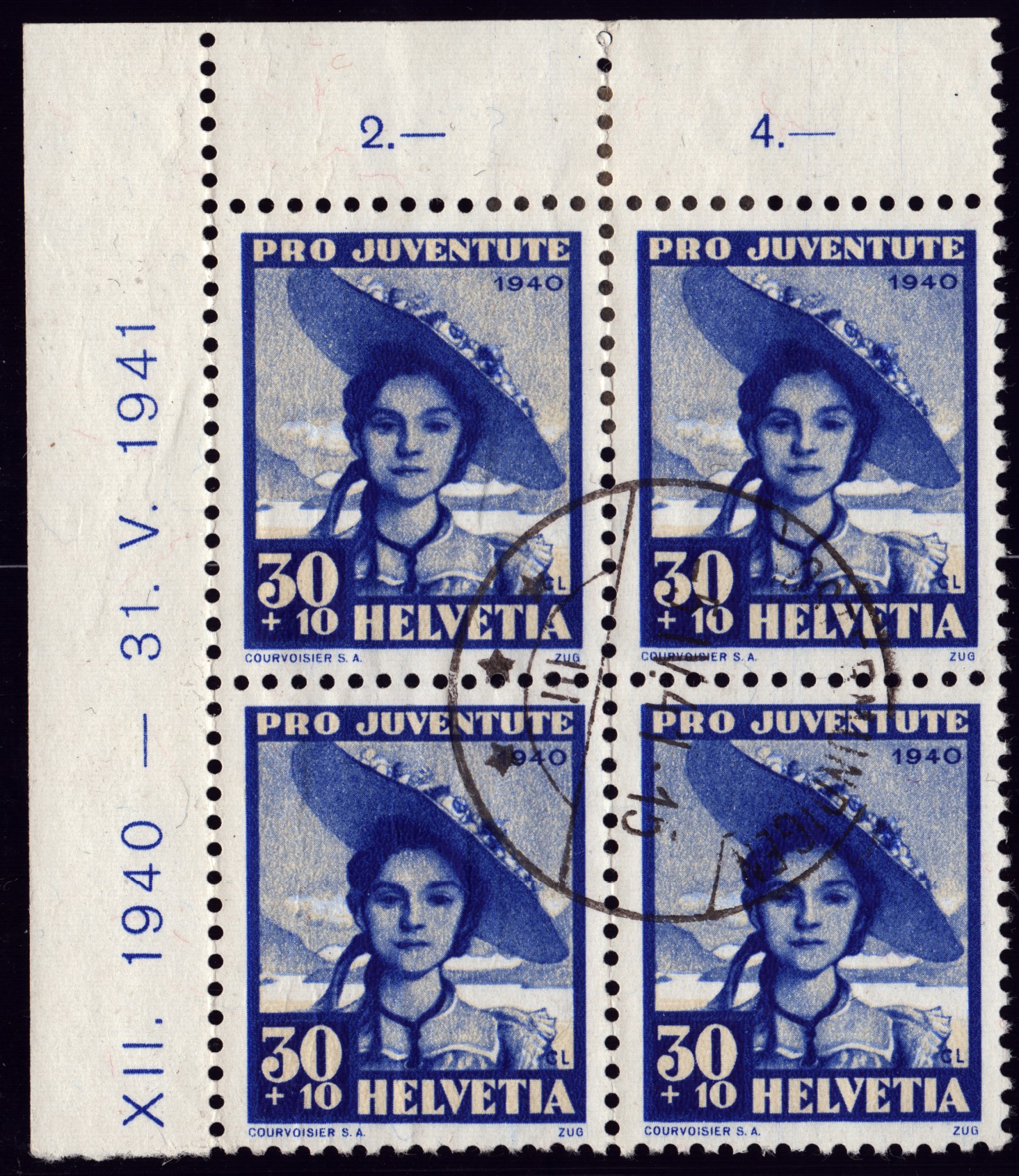 1940 Nr J96 bloc de 4 oblitéré