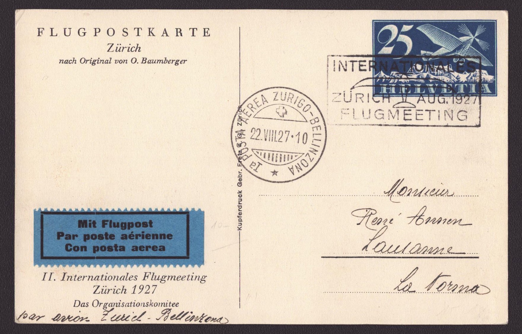 Carte de la Poste Aérienne 1927 - Vol Zurich / Bellinzone