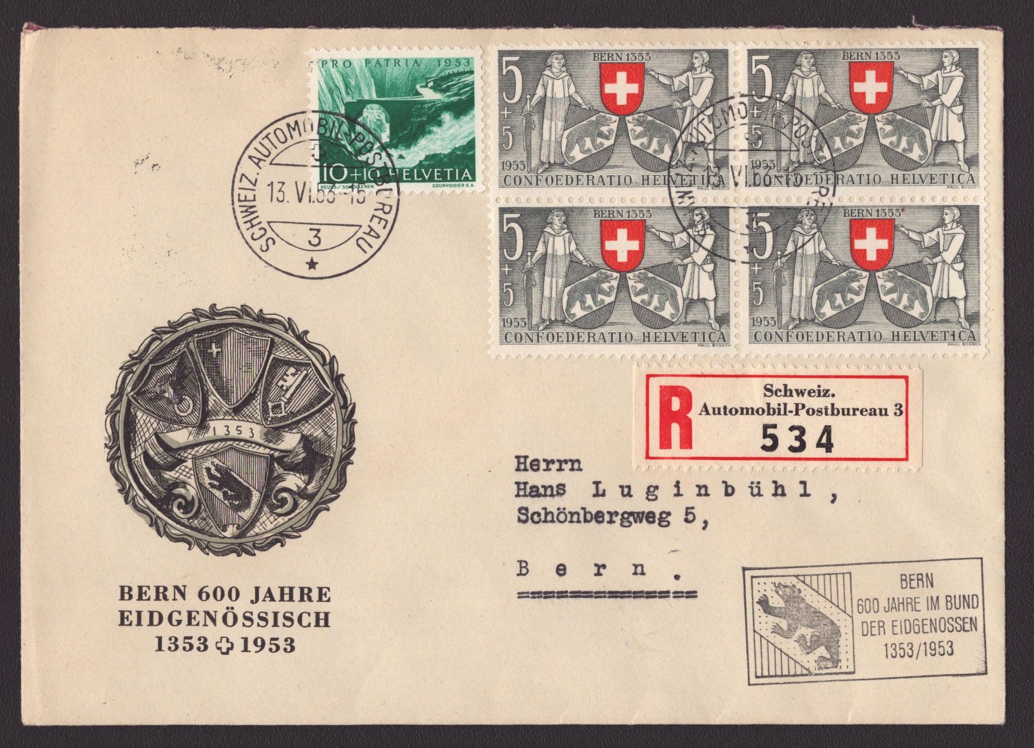 Lettre Recommandé 1953 cachet 600 ans de Berne
