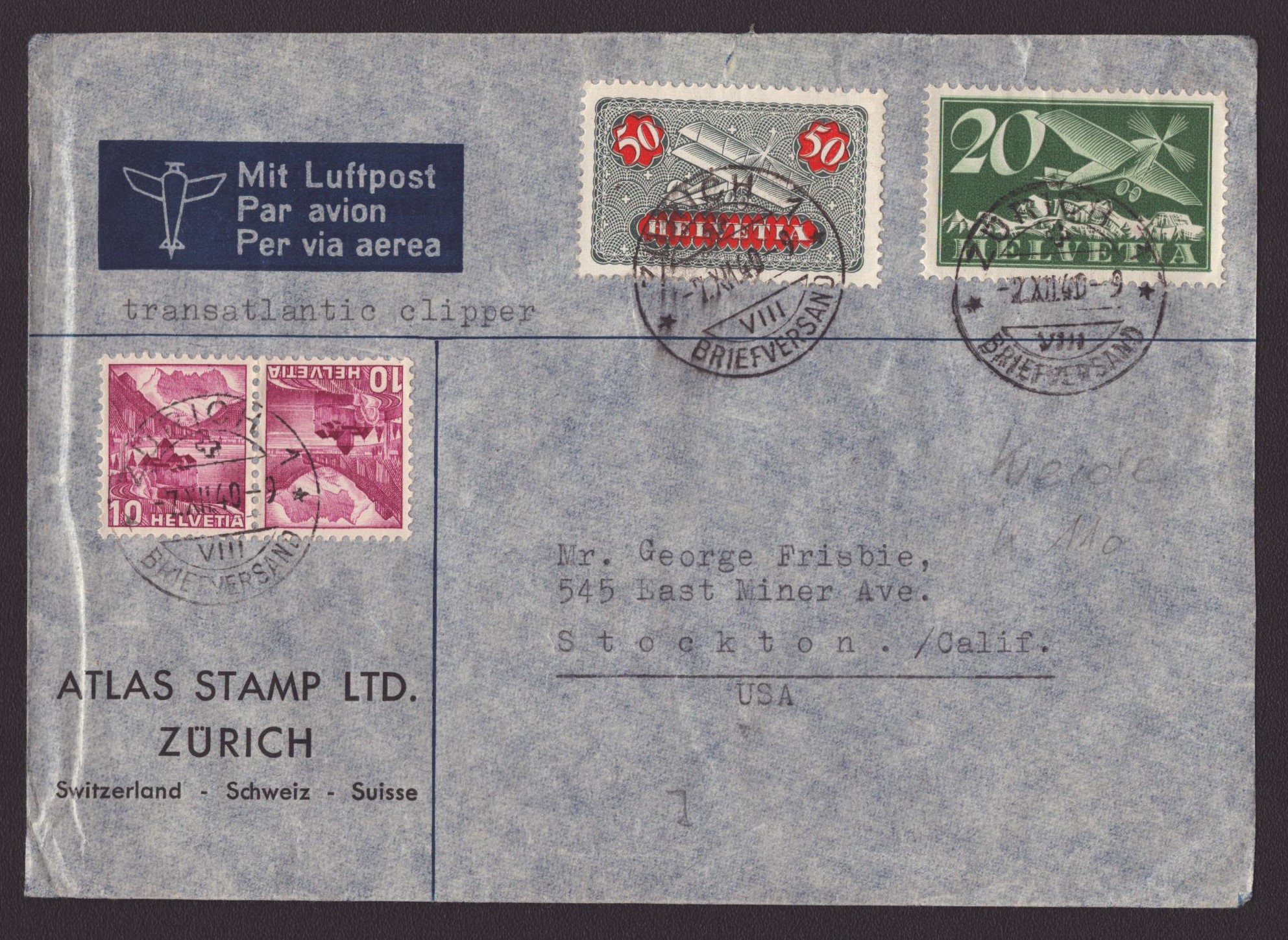 Lettre par Avion à destination de Stockton / USA
