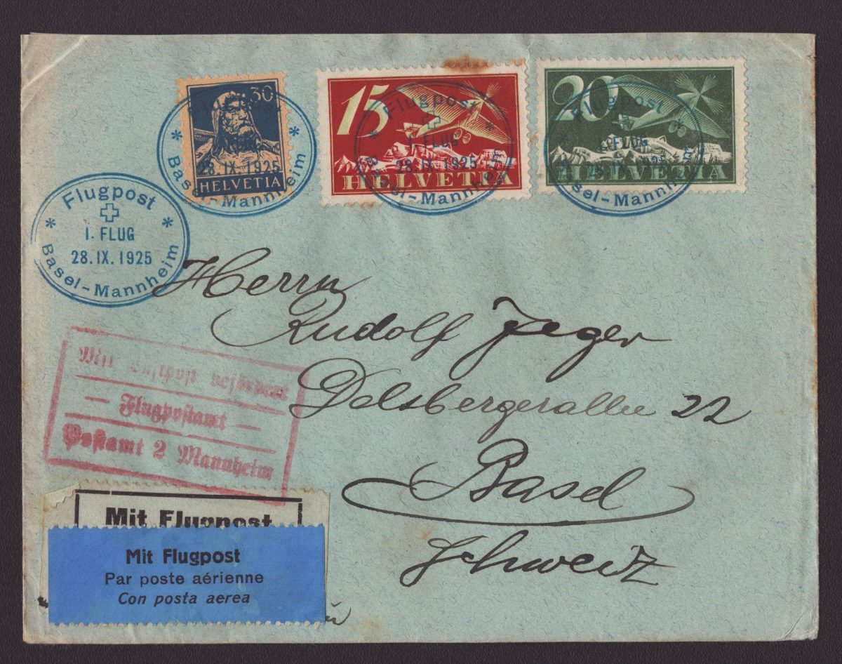 1925 Vol Basel - Manheim oblitération bleue