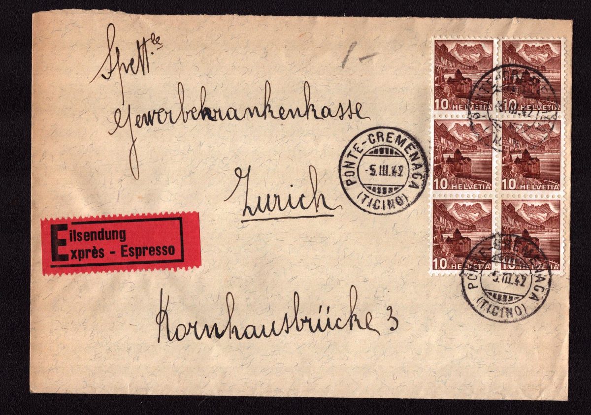 1942 - 242y bloc de 6 sur enveloppe PONTE-CREMENAGA